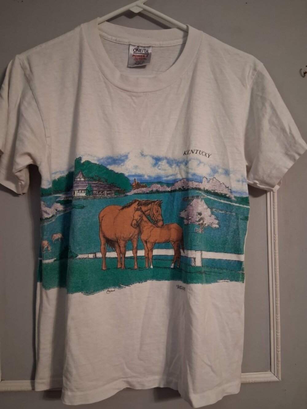 Vtg 1990 San Segal Kentucky Horses Wildlife Graphic T-Shirt M All Around Print